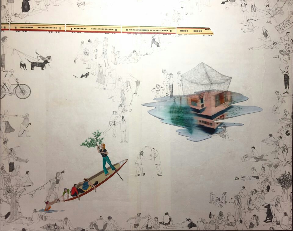 Oh Young, Conversation piece, pencil, oil on paper, 162x130cm, 2017