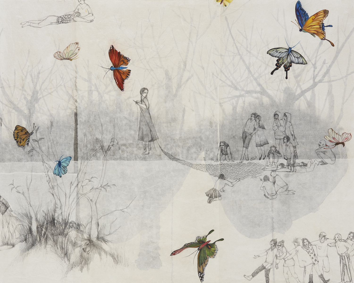 Oh Young, flying world 2, pencil, oil on paper, 90.9x72.7cm, 2016