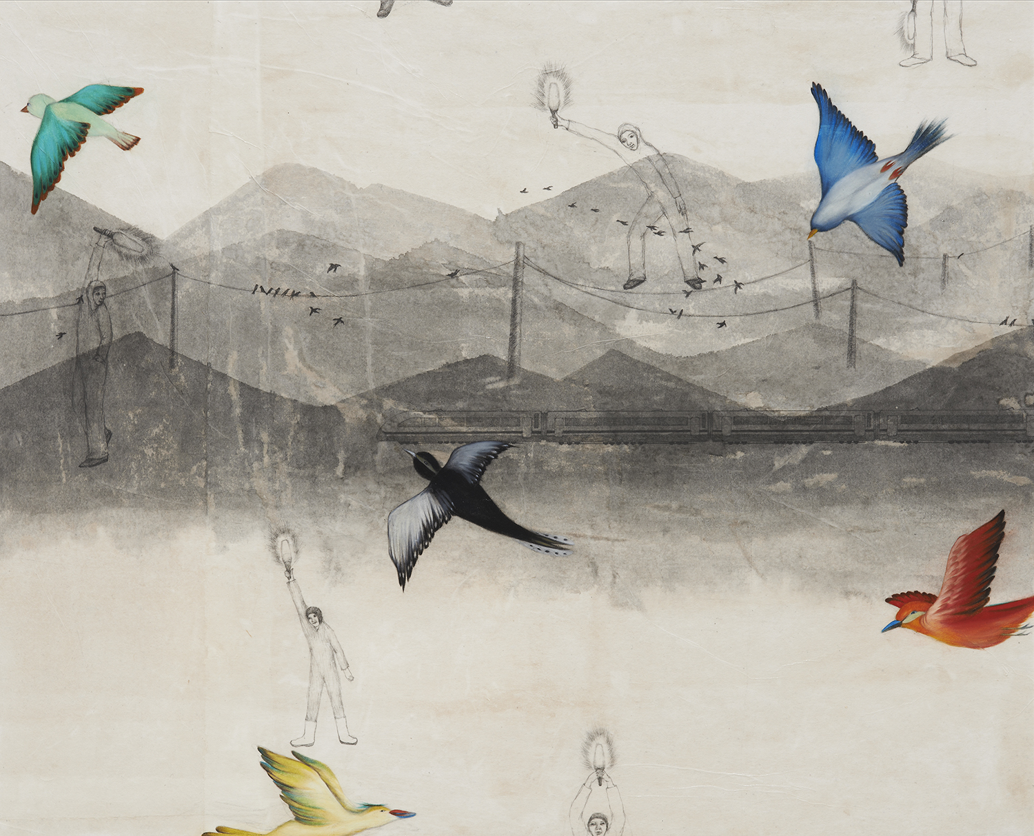 Oh Young, flying world 3, pencil, oil on paper, 90.9x72.7cm, 2016