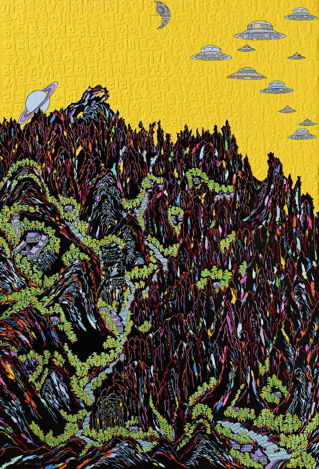 Seong TaejinHardly was There Any Cockcrow acrylic and_ink_on_embossedwoodpanel_180x122cm2015