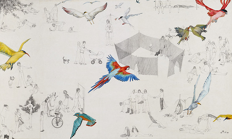 Oh Young, flying world, pencil, oil on paper, 162x97cm, 2015