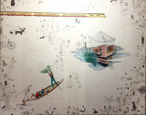 Oh Young, Conversation piece, pencil, oil on paper, 162x130cm, 2017