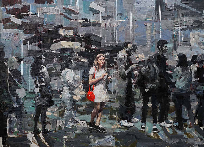 Lee Ikryeol, woman in Art Basel, acrylic & mixed media, 72.7x53cm, 2018