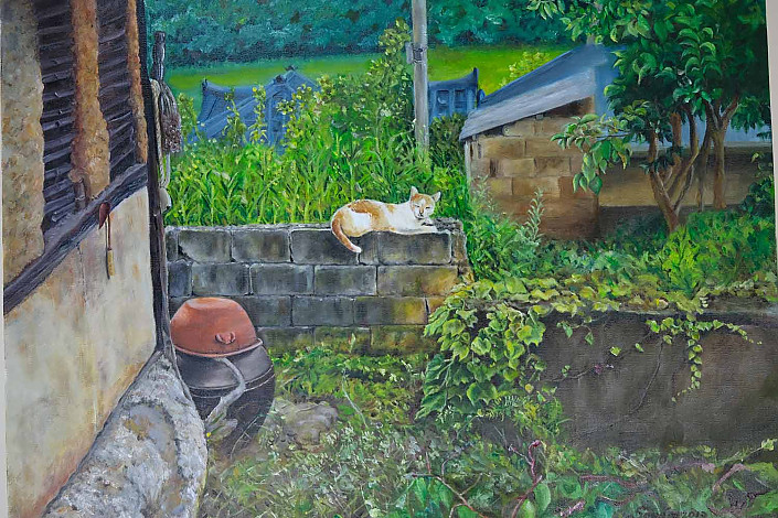 Choi Soonju, a somnolent cat, 72.7x53cm, oil on canvas, 2018